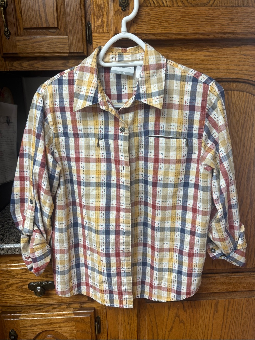 Alfred Dunner Plaid Button-Down Shirt in Mustard, Navy & Burgundy